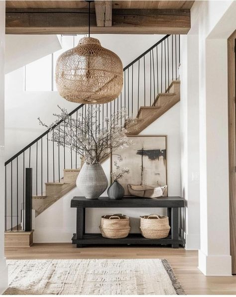 Stair Entryway Ideas Entrance, Modern Organic Foyer, Entry Way Stairs Ideas, Organic Modern Staircase, Entryway Stairs Decor Front Entry, Entry Way With Stairs, Stairway Entryway Ideas, Foyer Ideas Entryway Stairs, Modern Organic Entryway