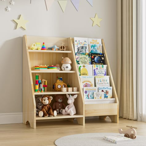 PRICES MAY VARY. SOLID PINE WOOD MATERIAL - Our solid wooden bookshelf for kids are totally made of solid pine wood, which creates a warm and natural atmosphere for your child's room. Each storage bookshelf for kids is slightly different in color or pattern, making it look more unique 2 IN 1 DESIGN - Say goodbye to cluttered kids’ rooms. Our wooden storage shelf is large enough to hold children's favorite books, fluffy animals, balls, art supplies, and more, keeping the nursery room organized. T Baby Library Ideas, Children Book Storage, Kids Book Shelf Ideas, Kids Bookcase Ideas, Kid Book Shelf, Kids Library Design, Kids Bookshelf Ideas, Nursery Bookshelf Ideas, Toddler Room Storage