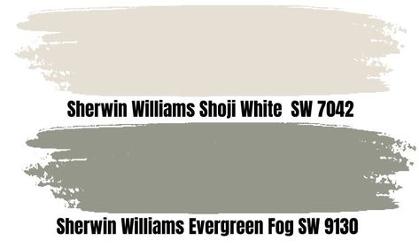 Sherwin Williams Shoji White is a warm cozy off-white with interesting undertones. It has beige, gray, and green undertones that allow it to pair well it several other paint colors, regardless of whether or not they read warm. Shoji White And Evergreen Fog, Shoji White Evergreen Fog, Evergreen Fog And Shoji White, Shoji White And Green, Evergreen Fog Sherwin Williams Kitchen, Evergreen Fog Coordinating Colors, Shoji White Coordinating Colors, Evergreen Fog Palette, Shoji White Sherwin Williams