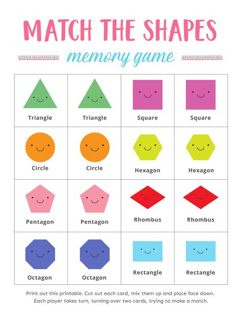 Kids learn and have tons of fun with this match the shapes memory game. Perfect for kindergartners and little ones, these memory games are not only fun but also help develop their concentration and thinking skills. Matching Game For Preschoolers, Preschool Matching Games Free Printable, Shape Memory Game, Shapes Matching Game Free Printables, Shapes Memory Game Free Printable, Montessori Matching Cards, Printable Matching Game, Kindergarten Mathematics, Match The Shapes