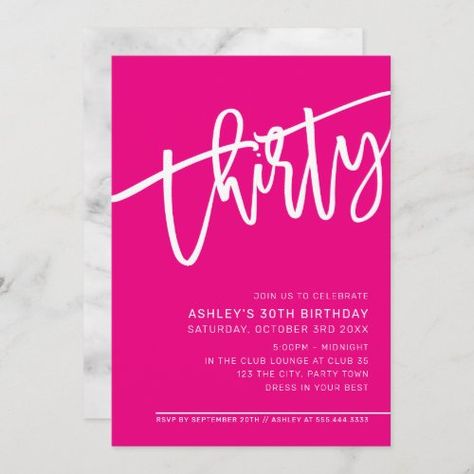 Hot Pink 30th Birthday Party, Barbie Invitations, Hot Pink Party, 30th Birthday Party Ideas, Minimalist Birthday, White Invitation, Halloween Birthday Invitations, 21st Birthday Invitations, Barbie Birthday Party