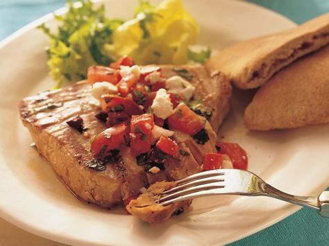 Grilled Mediterranean Tuna Steaks Grilled Tuna Steaks, Mediterranean Tuna, Tuna Steak Recipes, Mediterranean Diet Recipes Dinners, Cocktails At Home, Grilled Tuna, Paleo Dishes, Low Cholesterol Recipes, Tuna Steaks