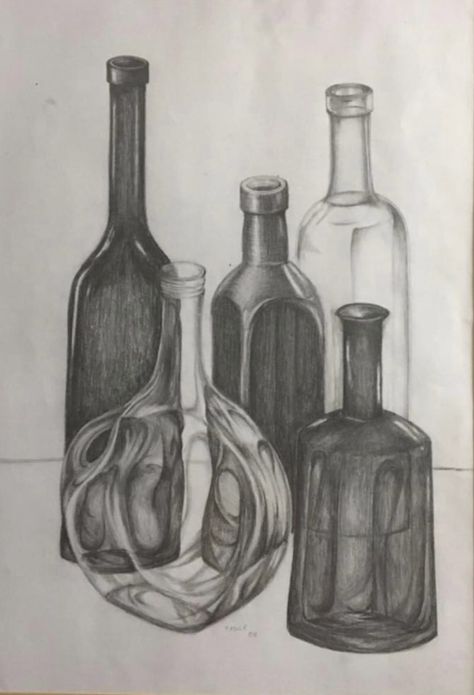 pencil drawing Landscape Pencil Drawings, Bottle Drawing, Doodle Ideas, Artwork Ideas, Glass Jug, Perspective Drawing, Green Vase, Cute Art Styles, Art Styles