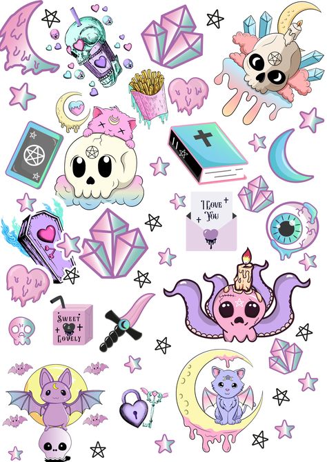 These stickers bring together the best of both worlds - the sweetness of pastel colors and the edginess of gothic elements. High qulity and quirky, they're the perfect way to enhance your laptop, water bottle, or planner. With the ability to print at home or at your local print shop, these stickers give you the freedom to personalize your things at your leisure. Get your set today and unleash the power of kawaii pastel goth! 👻 Pastel Goth Clipart, Pretty Goth Aesthetic, Cute Gothic Drawings, Pastel Goth Aesthetic Art, Creepy Kawaii Aesthetic, Cute Goth Art, Pastel Goth Drawing, Pastel Gothic Aesthetic, Pastel Witch Aesthetic