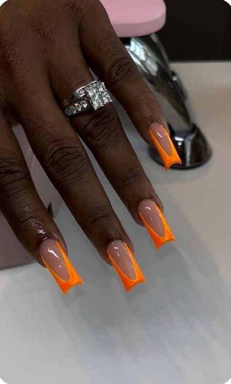 Medium Orange Nails, Orange And Cream Nails, Medium Long Acrylic Nails Square, Orange Junk Nails, Orange Nails Black Women, French Orange Nails, Medium Nails Acrylic Designs, Short Orange Nail Designs, Short Orange Acrylic Nails