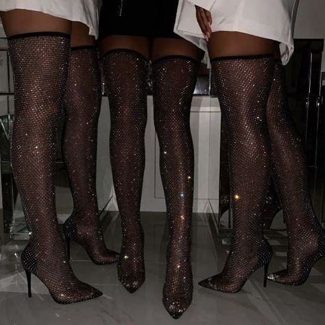 Black Mesh Thigh High Heel Boots Sparkly Stiletto Heel Boots Sexy Pointy Toe Stiletto Heels Long Boots for  Christmas Party Sexy Dancing Heels For Ladies Queen Date, Big day | FSJ Thigh High Heels, Popular Boots, Jeweled Shoes, Rhinestone High Heels, Thigh High Boots Heels, Black High Heels, Heel Boots, Thigh High Boots, High Heel Boots