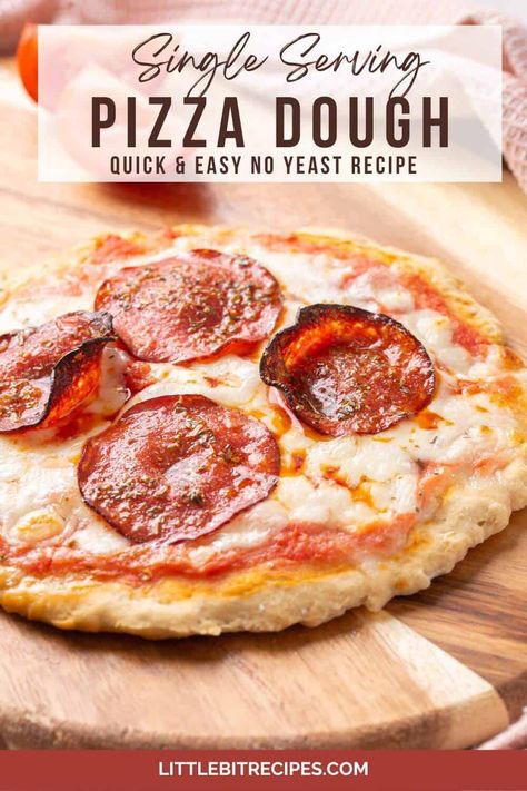 You can make a single serving pizza fast with this small batch pizza dough recipe. There's no yeast so the crust can be made in five minutes. Pizza Dough Recipe No Yeast For One, Quick No Rise Pizza Dough, Single Serving Pizza Dough, Pizza Crust For One, Mini Pizza Dough Recipe Easy, Light Pizza Dough Recipe, Fast Pizza Dough Recipe No Yeast, Single Serve Pizza Dough, Mini Pizza Dough Recipe