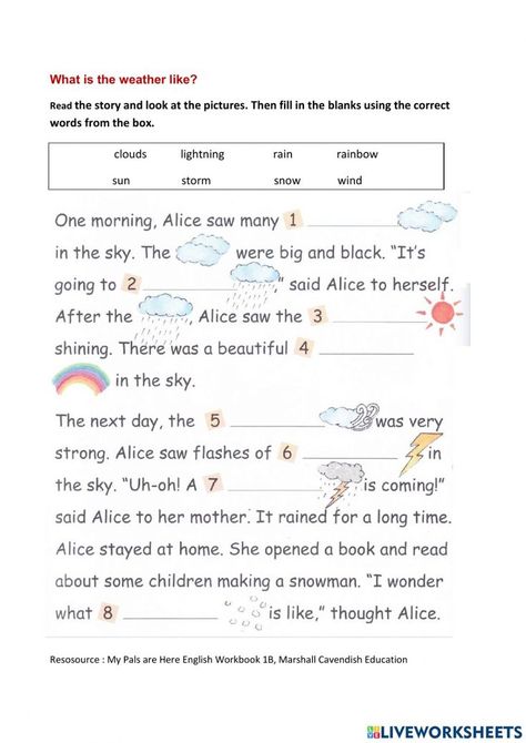 Grade 1 Vocabulary Worksheet, Weather Writing Activities, Weather Reading Comprehension Worksheets, What Is The Weather Like Worksheet, Weather Exercises English, Writing Worksheets 2nd Grade, Weather Worksheets 2nd Grade, Four Seasons Activities For Kids, Weather Reading Comprehension