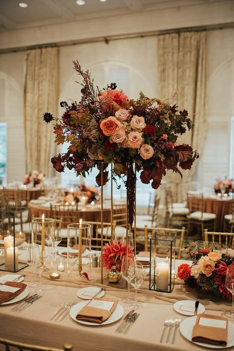 Towering jewel toned floral centerpiece with hints of gold at the Four Seasons Resort The Biltmore Santa Barbara in Santa Barbara, California. Dream turned reality by Photographer- Heirlume Photography, Florist- Camellia Floral Design and Planner- Event Of The Season. Raised Floral Centerpieces, Elevated Centerpieces Wedding, Large Wedding Centerpieces, Gothic Wedding Flowers, Indoor Wedding Inspiration, 45th Birthday Party, Fashion Show Event, Peckforton Castle, Boho Wedding Centerpieces