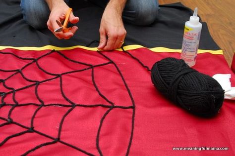 superhero backdrop for party | Then, I used yarn and fabric glue to attach the web to the guidelines ... Superhero Backdrop, Ideas For Birthday Party, Create A Superhero, Spiderman Birthday Party Decorations, Games Outdoor, Kids Backyard, Spy Party, Fun List, Spiderman Theme