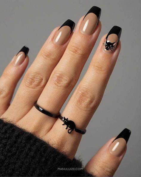 35  stunning black and nude nail art designs that will elevate your manicure game to new heights for any occasion. Ideas for: black and nude nails, black nails inspo, black nails design, cute black and nude nails ideas, nude and black nails, trendy black nails, cute black nails, classy black nails, trendy nude nails. Black November Nails, Nails For Black Outfit, Black And Nude Nails Simple, Nude Nails With Black Tips, Beige And Black Nails, Black Nails Classy, Black And Tan Nails, Nude Nails With Black Design, Nude Nail Art Designs