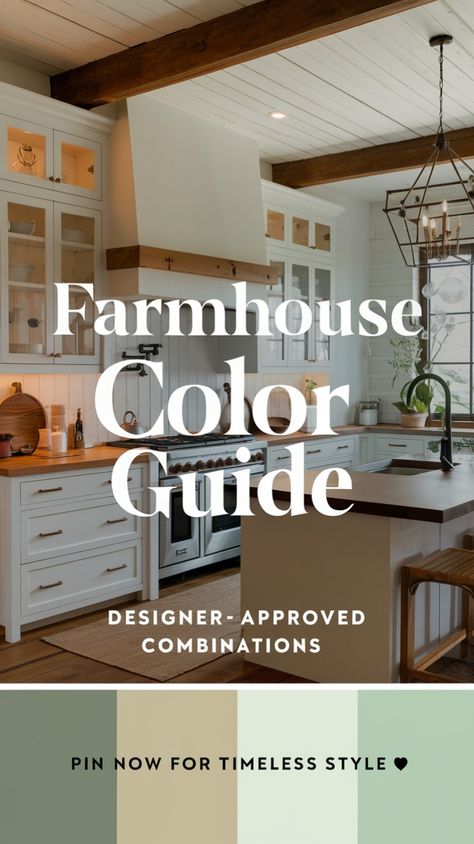 Ready to create a timeless farmhouse kitchen? Get our designer-approved color palette combining crisp whites, warm woods, and perfect accent tones. Save this guide to nail your farmhouse color scheme! #farmhousekitchen #kitchendesign #modernfarmhouse Farmhouse Colors For Kitchen, Farmhouse Kitchen Colors Paint, Farmhouse Kitchen Color Palette, Modern Farmhouse Kitchen Colors, Farmhouse Kitchen Wall Colors, Farmhouse Kitchen Colors Schemes, Colorful Farmhouse Kitchen, Farmhouse Color Scheme, Kitchen Inspiration Board