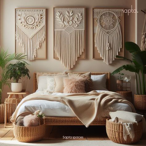 A bedroom adorned with woven wall art- Macramé , wicker furnitures, and lush indoor plants. The sun-kissed space radiates balance, warmth, and natural beauty. #sapta #saptaspaces #wicker #wickerbasket #rattan #rattanchair #rattandecor #rattanlovers #IndoorPlants #calathealutea #arecapalm #macramê #macrame #macramelove #interiors #interiorstyle #designer #architecture #architect #bedroom #beigeaesthetic #beige #warm Macrame Interior, Rattan Bedroom, Bohemian Style Interior, Wicker Bedroom, Woven Wall Art, Bohemian Living Room, Boho Interior, Boho Living Room, Wicker Furniture