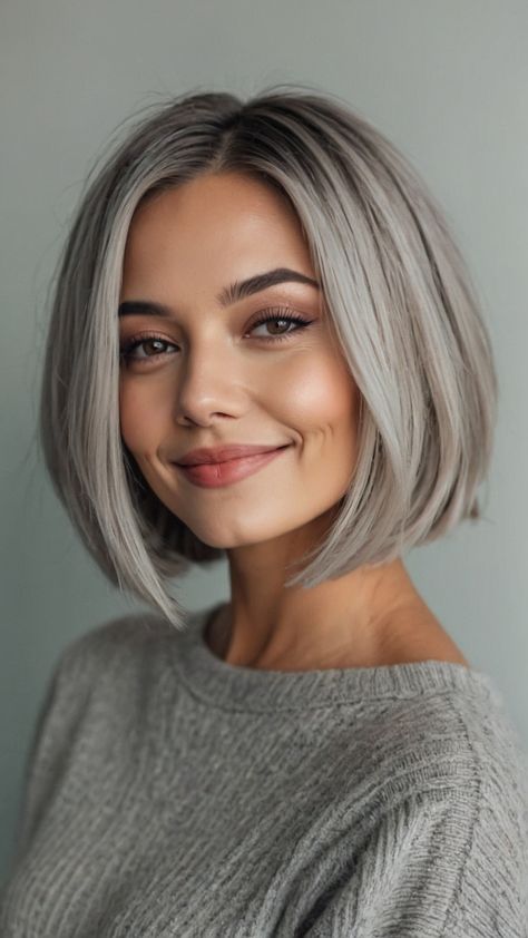 Discover trendy grey bob hairstyles for short curly and long hair in various shades like silver ash dark black and blonde From sleek wigs to layered and wavy styles find the perfect look with bangs or fringe for women over 40 and 50 Short Blonde Grey Hair, Ash Blonde Hair Short Bob, Best Gray Hair Color, White Hair Olive Skin, Loverly Grey Haircut, Gray To Blonde Hair, Grey Hair Brown Eyes, Beige Ash Blonde Hair, Trendy Grey Hair