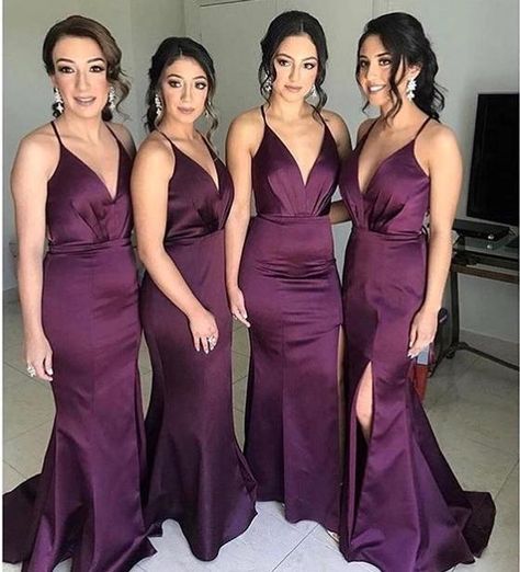 Fitted Bridesmaid Dresses, Dark Purple Bridesmaid Dresses, Satin Mermaid Dress, Mermaid Long Bridesmaid Dresses, Spaghetti Strap Bridesmaids Dresses, Plum Wedding, Mermaid Bridesmaid, Burgundy Bridesmaid, Maid Of Honour Dresses