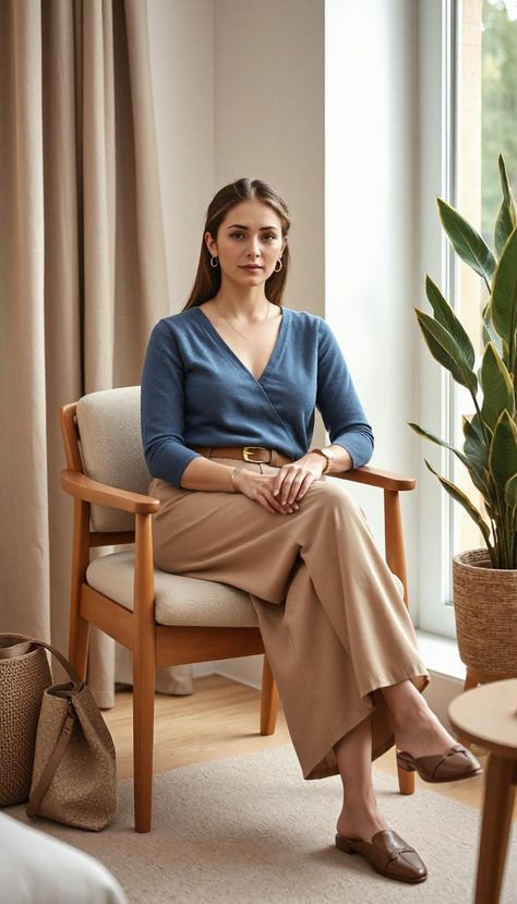 A sophisticated yet cozy outfit featuring a soft dove-blue cashmere sweater with a subtle V-neckline and relaxed shoulders. Paired with high-waisted, flowing palazzo pants in warm sand beige, this look balances comfort and elegance effortlessly. A slim chocolate-brown belt with a gold buckle adds refinement, while cream-colored leather loafers with delicate gold accents complete the ensemble. A structured greige handbag and minimalist gold jewelry add the perfect finishing touches. Set in a serene, neutral-toned space with soft natural lighting, this look exudes timeless luxury and sophistication.
#EffortlessChic #TimelessStyle #CozyElegance #MinimalistFashion #NeutralAesthetic #LuxuryLook #StreetStyle #SophisticatedVibes #FashionInspo #ModernOutfit Outfit Palazzo, Minimalist Gold Jewelry, Blue Cashmere Sweater, Gold Minimalist Jewelry, Neutral Outfits, Timeless Luxury, Natural Lighting, Neutral Outfit, Brown Belt