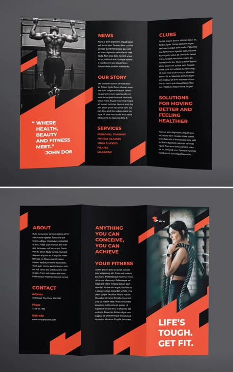 Gym Training Tri-fold  Brochure Template AI, EPS, INDD and PSD Fitness Brochure Design, Sports Brochure Design, Gym Graphic Design, Gym Brochure, Sports Brochure, Gym Graphics, Tri Fold Brochure Design, Training Template, Brochure Examples