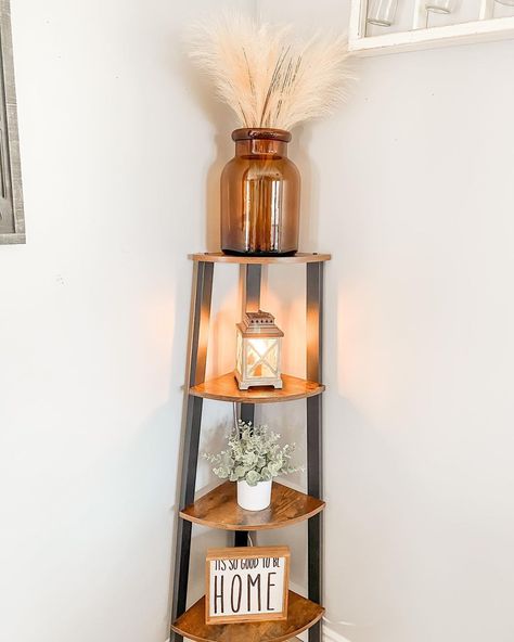 Tall Corner Table, Corner Furniture Ideas, Living Room Corner Furniture, Corner Shelf Decor, Black Corner Shelf, White Corner Shelf, Light Pink Decor, Black Wood Dining Table, Corner Shelf Ideas