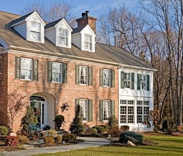 colonial addition | Colonial Addition traditional exterior Colonial Garage Addition, Colonial House Addition, House Additions Ideas, Colonial Exterior Remodel, Colonial Garage, House Trim Ideas, Colonial Addition, Kitchen Addition Ideas, Red Brick Colonial