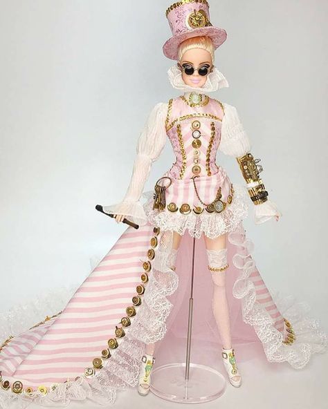 Barbie In Pink, Sleeveless Shrug, Pink Steampunk, Tie Corset, Watch Charms, Leather Gauntlet, Green Lips, Striped Apron, Steampunk Dress