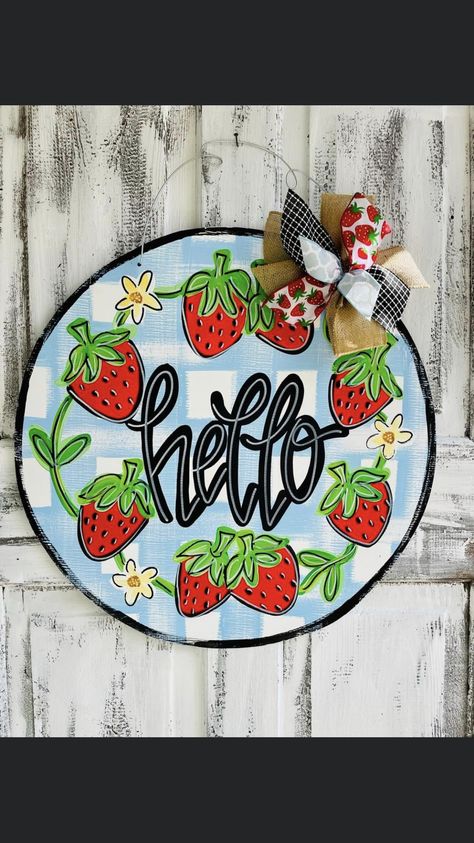 Painted Circle Door Hanger, Summertime Door Hangers, Strawberry Door Hanger, Summer Door Hangers Wooden, Door Hangers Round, Watermelon Door Hanger, Wood Door Signs, Valentine Painting, Spring Door Hangers