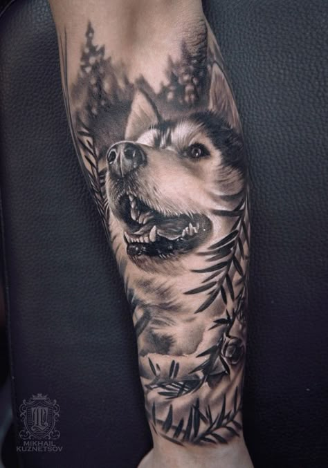 Dog Sleeve Tattoos For Women, Malamute Tattoo, Husky Dog Tattoo, Storm Tattoos, Cosmic Horror Tattoo, The 1975 Tattoo, 1975 Tattoo, Unique Animal Tattoos, Husky Tattoo