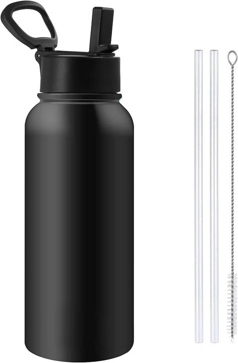 Insulated Water Bottle with Straw 1L Black Stainless Steel Water Bottle with Handle Leakproof Metal Thermal Drinking Bottles Keeps Hot and Cold Thermal Flask, Thermos Water Bottle, Wide Mouth Water Bottle, Metal Water Bottle, Portable Water Bottle, Water Bottle With Straw, Thermos Bottle, Cold Drink, Vacuum Flask