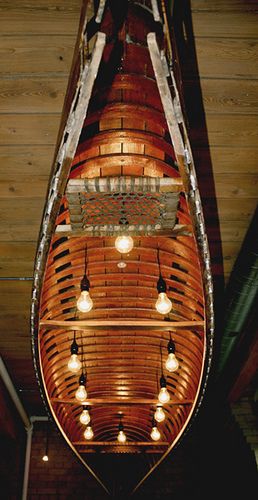 New Rain43 office | rainforty3 | Flickr Boat Ceiling, Boat Restaurant Design, Boat Chandelier, Canoe Light Fixture, Boat Lamp, Cabin Style Living Room, Boat House Decor, Boathouse Design, Log Home Interiors