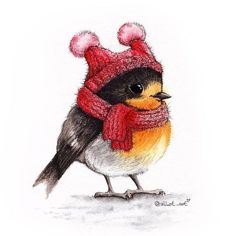 Animal Art Projects, Animal Illustration Art, Colored Pencil Artwork, Winter Illustration, Watercolor Christmas Cards, Christmas Drawing, Color Pencil Drawing, Bird Illustration, Christmas Paintings