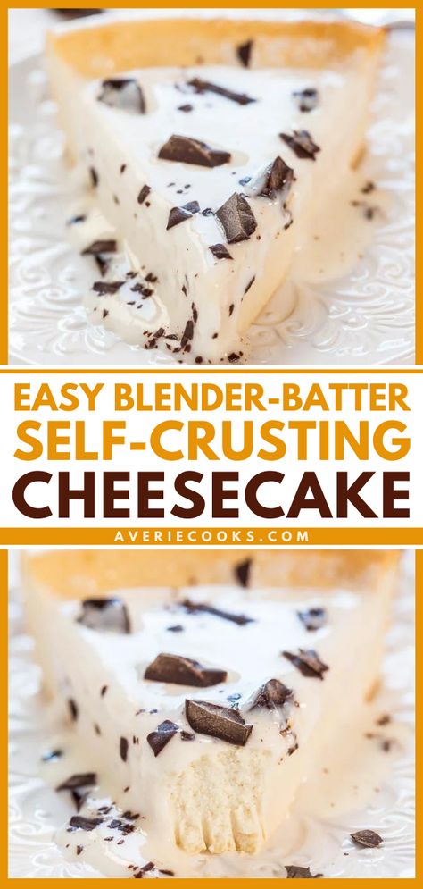 Easiest Crustless Cheesecake — No crust to make and whiz the batter together in the blender!! Easy, foolproof, and so good!! Blender Cheesecake Recipe, Crustless Cheesecake Recipes, Cheesecake No Crust, Easy Baking Recipe, Crustless Cheesecake, Averie Cooks, Bisquick Recipes, Recipes With Few Ingredients, Homemade Cheesecake