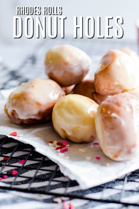 Dip these sweet little donut holes in homemade strawberry or chocolate sauce! Rhodes Rolls Recipes, Donut Holes Recipe, Rhodes Bread, Donut Hole Recipe, Rhodes Rolls, Frozen Rolls, Homemade Donuts Recipe, Homemade Strawberry Sauce, Facebook Recipes