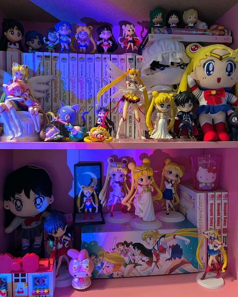 Sailor Moon Bathroom, Hello Kitty Collection Display, Sanrio Collection Display, Sailor Moon Themed Room, Sailor Moon Bedroom, Anime Figures Collection Display, Hello Kitty Sailor Moon, Sailor Moon Room, Figure Display Shelf