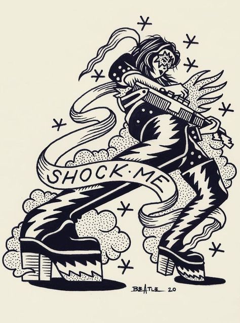 70s Rock Tattoo, Ace Frehley Tattoo, Stratocaster Tattoo, Kiss Band Tattoo, Traditional Tattoo Back Piece, Tommy Thayer, Male Pinup, Kiss Tattoos, Flash Design