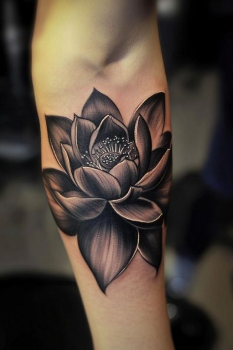 Lotus Flower Tattoo On Black Women, Men’s Lotus Flower Tattoo, Realism Lotus Tattoo, Lotus Flower Tattoo Black And White, Dark Lotus Flower Tattoo, Water Lotus Tattoo, Cover Up Ideas Tattoo For Women, Lotus Flower Tattoo Black, Japanese Lotus Flower Tattoo Design