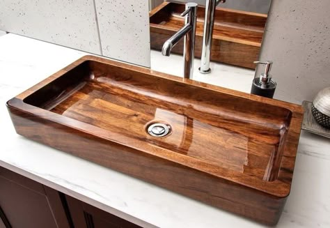 Wood Sink Diy, Wooden Bathroom Sink, Wooden Sinks Bathroom, Wood Sink Bathroom, Wood Bathroom Sink, Wooden Bathroom Accessories, Wooden Sink, Bathroom Sink Bowls, Counter Top Sink Bathroom