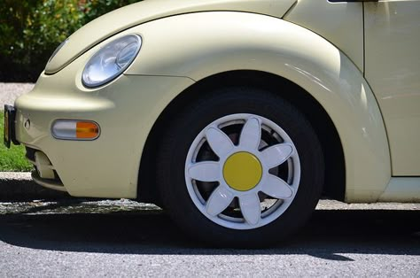 Beetle Daisy Rims, Daisy Rims, Vw Bug Accessories, Vw Beetle Flower, Yellow Volkswagen Beetle, Pink Volkswagen, Vw Beetle Accessories, Pink Volkswagen Beetle, Vw Wheels