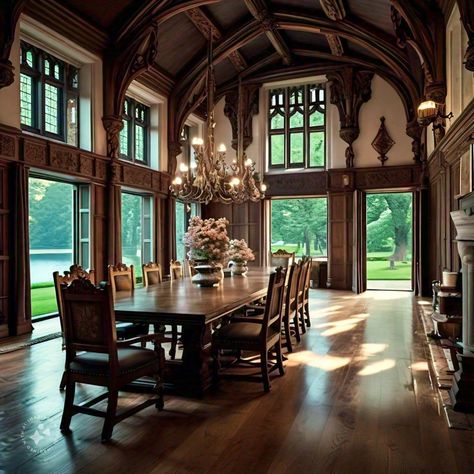 Tudor Interior Design, Manor Dining Room, English Manor Houses Interior, Gothic Dining Room, Log Cabin Mansions, Manor House Interior, Victorian Rooms, Mansion Aesthetic, Dream Mansion