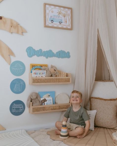 Surfer Toddler Room, Surf Room Boys, Surf Toddler Room, Surf Playroom, Beach Toddler Room, Coastal Boho Nursery, Beach Boy Nursery, Toddler Surf Bedroom, Toddler Ocean Room