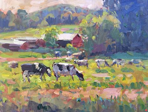 Dairy Farm by Richard Oversmith, Oil, 12 x 16 Abstract Architecture, Farm Paintings, Paintings Acrylic, Dairy Farm, Oil Pastel Art, Landscape Paintings Acrylic, Dairy Farms, Daily Painting, Abstract Art Landscape