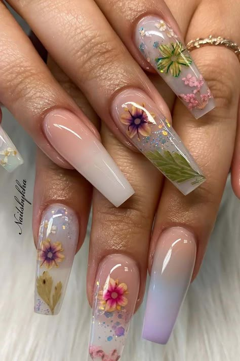 ombre coffin nails, flower nails, spring manicure Coffin Encapsulated Nails, Encased Flower Nails, Gel Inbuilt Nail Art Design, May Flowers Nails, Incapcilated Flower Acrylic Nails, Fake Flower Nails, Spring Nails Encapsulated, Stilleto Flower Nails, Ombre Encapsulated Nails