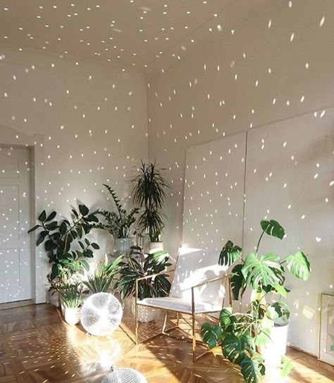 Mirror Disco Ball Decor, Mirror Ball Home Decor, Disco Apartment Aesthetic, Ceiling Lights Aesthetic, Disco Ball Decoration, Room With Plants Aesthetic, Disco Ball In Room, Mirror On Ceiling, Disco Ball Room Decor