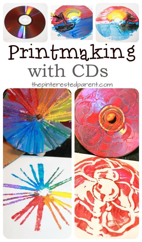 Printmaking with CDs - techniques using paint , yarn, Q-tips and paint. Arts and craft ideas for preschoolers and kids. Math Art Preschool, Preschool Printmaking, Kids Printmaking, Craft Ideas For Preschoolers, Arts And Craft Ideas, Art Cd, Ideas For Preschoolers, Classe D'art, Printmaking Projects