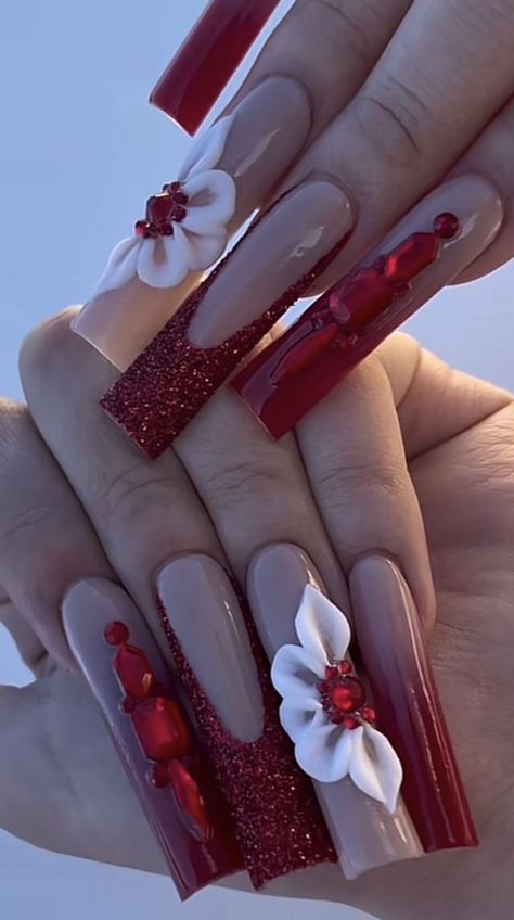 Nail Designs For Quinceanera Red, Sangria Nails Acrylic, Red Sets Nails, Red Nails With 3d Flower Design, Red Nails Fancy, Red Charro Nails, Latina Acrylic Nails Red, Latina Nail Designs Red, Red Acrylic Nails Designs Rhinestones