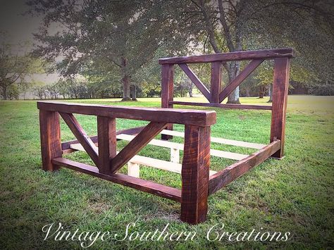 Barn beam bed built by Vintage Southern Creations Rustic Bed Frame Plans, Farm Style Bed Frame, Built Bed Frame, Diy Raised Bed Frame, Simple King Bed Frame Diy, Diy Wood Bed Frame King, Wooden Bed Frame Ideas, Barn Beam Ideas, Western Bed Frame