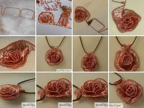 wire woven rose tutorial (https://www.facebook.com/media/set/?set=a.516654585038194.1073741830.366689886701332&) Wire Wrap Rose Tutorial, Wire Rose, Wire Weaving Tutorial, Wire Crochet Jewelry, Wire Tutorials, Wire Jewelry Making, Rose Tutorial, Pendant Tutorial, Wire Jewelry Tutorial