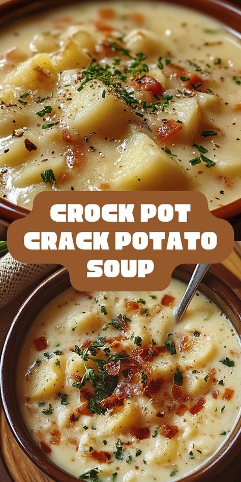 🥔🥣 Warm up with this Crock Pot Crack Potato Soup – the perfect cozy comfort food! This creamy, cheesy soup is loaded with potatoes, bacon, and flavorful spices, making it a family favorite for chilly days. Just toss the ingredients into the crock pot and let it simmer to perfection. Easy to make and delicious to eat, this recipe is a must-try for soup lovers. 🍲🧀 #CrockPotSoup #CrackPotatoSoup #ComfortFood #SlowCookerRecipes #CozyMeals #FallFood #EasyRecipes #FamilyFavorites Crock Pot Potato Soup, Cheesy Potato Soup, Crock Pot Potatoes, Soup Crock Pot, Soup Crockpot, Potato Soup Crock Pot, Crockpot Soups, Crockpot Soup, Creamy Potato Soup