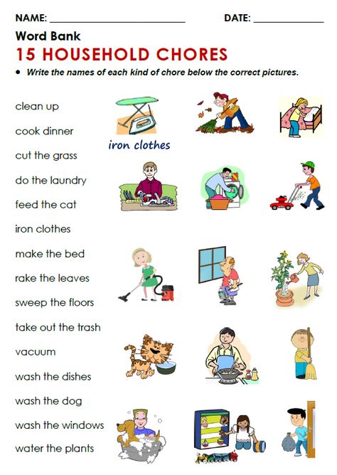 Household Chores Pictures, Household Worksheet, Chores Worksheet, Chores Household, Family Chores, Montessori Calendar, English Learning Books, English Activities For Kids, Teaching English Grammar