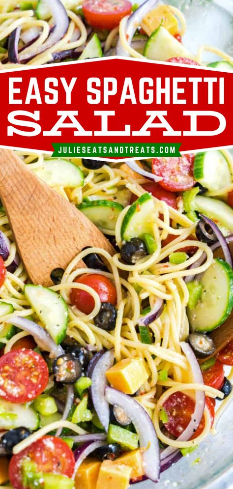 Delicious cold pasta salad that’s perfect for summer. So easy to make and delicious. Loaded with flavor from spaghetti noodles, green peppers, cucumber, red onion, tomatoes, black olives all tossed in Italian Dressing! Spagetti Cold Pasta Salad, Spagetti Salad Recipes With Italian Dressing, Spaghetti Cucumber Tomato Salad, Cold Spaghetti Salad Italian Dressing, Pasta Salad With Green Peppers, Pasta Cucumber Salad Recipes, Speggetti Salad Recipes Cold, Cucumber Pasta Salad Recipes, Spagetti Salad Recipes Cold