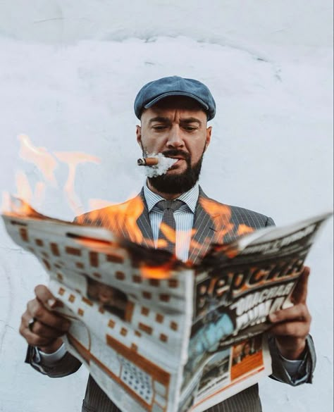 Funny Guy Photoshoot, Newspaper Photoshoot Men, Burning Newspaper Photography, Mens Birthday Shoot Ideas, Birthday Photoshoot Ideas Creative Men, Fire Photography Ideas, Creative Male Photoshoot, Burning Newspaper Photoshoot, Gq Mens Style Photoshoot