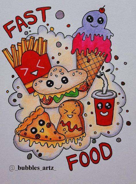 Fast Food Doodle Art, Doodle Art Of Food, Mandala Art Of Food, Fast Food Art Drawing, Doodle Drawings Food, Food Art Painting Easy, Doodle Art Drawing Cute Food, Fast Food Drawing Easy, Favourite Food Drawing